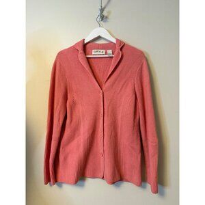 Orvis Womens Coral Pink Ribbed Button-Up Cardigan Sweater L 100% Cotton